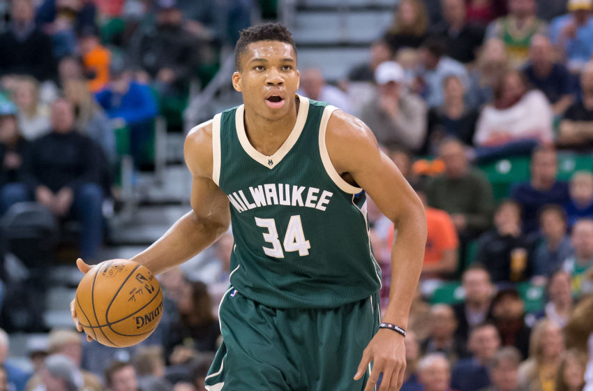 Feb 1, 2017; Salt Lake City, UT, USA; Milwaukee Bucks forward Giannis Antetokounmpo (34) dribbles the ball during the first half against the Utah Jazz at Vivint Smart Home Arena. Mandatory Credit: Russ Isabella-USA TODAY Sports