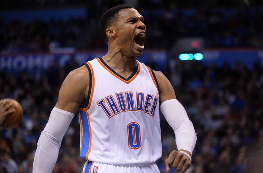 Feb 1, 2017; Oklahoma City, OK, USA; Oklahoma City Thunder guard Russell Westbrook (0) reacts after a play against the Chicago Bulls during the second quarter at Chesapeake Energy Arena. Mandatory Credit: Mark D. Smith-USA TODAY Sports