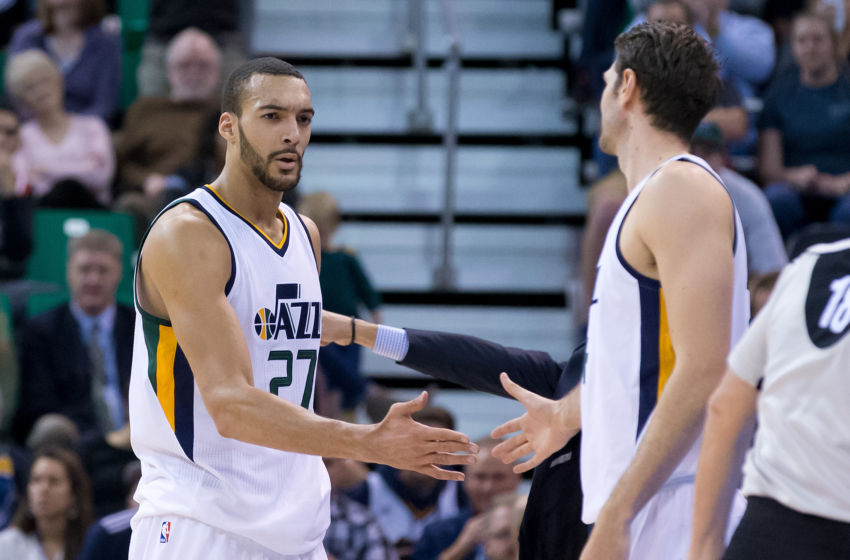 Feb 1, 2017; Salt Lake City, UT, USA; Utah Jazz center Rudy Gobert (27) leaves the court after fouling out with 1:10 remaining in the game against the Milwaukee Bucks at Vivint Smart Home Arena. The Jazz won 104-88. Mandatory Credit: Russ Isabella-USA TODAY Sports