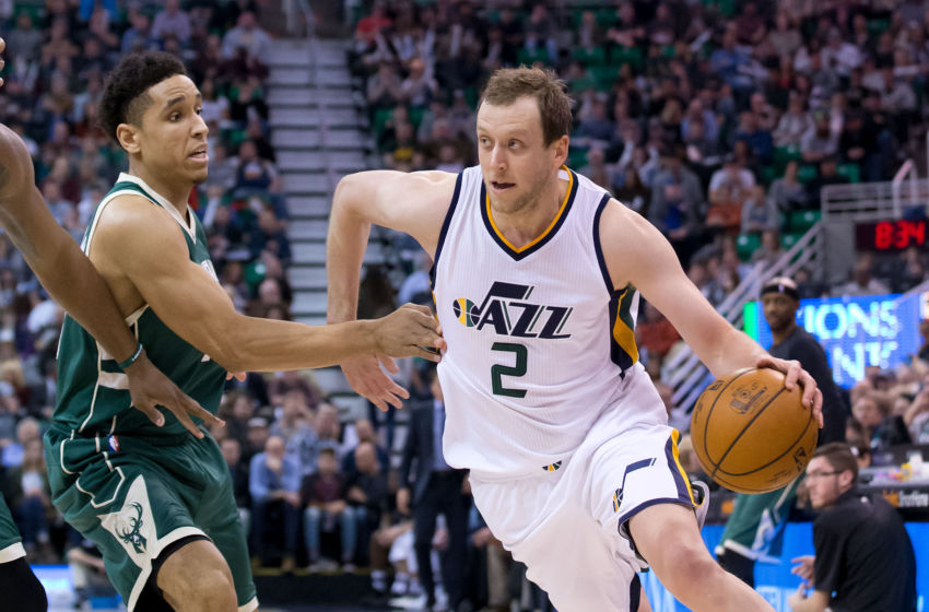 Feb 1, 2017; Salt Lake City, UT, USA; Utah Jazz forward Joe Ingles (2) dribbles the ball around Milwaukee Bucks guard Malcolm Brogdon (13) during the second half at Vivint Smart Home Arena. The Jazz won 104-88. Mandatory Credit: Russ Isabella-USA TODAY Sports