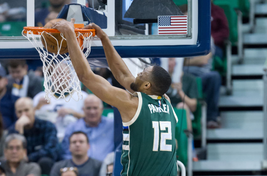 Feb 1, 2017; Salt Lake City, UT, USA; Milwaukee Bucks forward Jabari Parker (12) dunks the ball during the second half against the Utah Jazz at Vivint Smart Home Arena. The Jazz won 104-88. Mandatory Credit: Russ Isabella-USA TODAY Sports