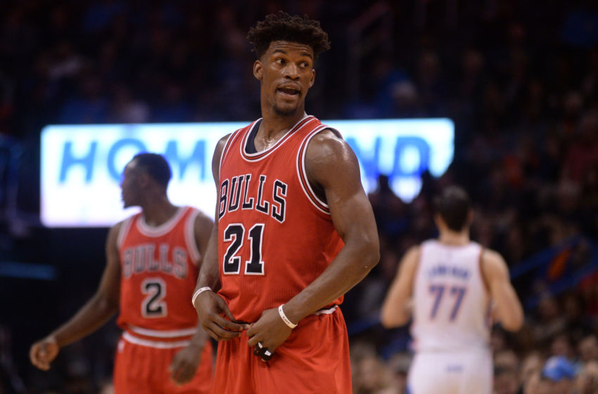 Feb 1, 2017; Oklahoma City, OK, USA; Chicago Bulls forward Jimmy Butler (21) reacts after a call in action against the Oklahoma City Thunder during the fourth quarter at Chesapeake Energy Arena. Mandatory Credit: Mark D. Smith-USA TODAY Sports