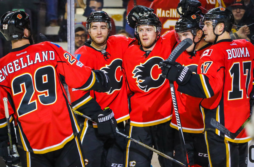 Feb 1, 2017; Calgary, Alberta, CAN; Calgary Flames left wing Micheal Ferland (79) celebrates his goal with teammates against the Minnesota Wild during the third period at Scotiabank Saddledome. The Flames won 5-1. Mandatory Credit: Sergei Belski-USA TODAY Sports