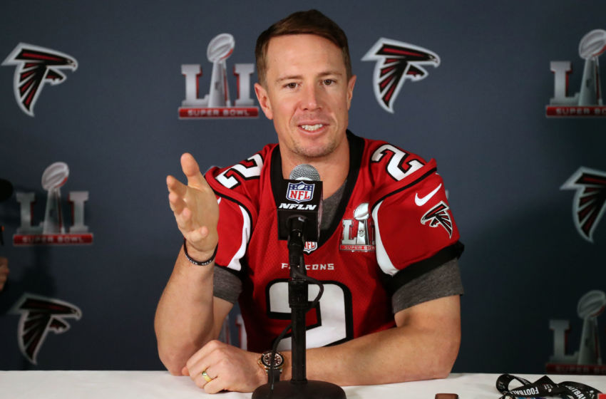 Feb 2, 2017; Houston, TX, USA; Atlanta Falcons quarterback Matt Ryan answers questions during a press conference at Westin Houston Memorial City Hotel. Mandatory Credit: Matthew Emmons-USA TODAY Sports