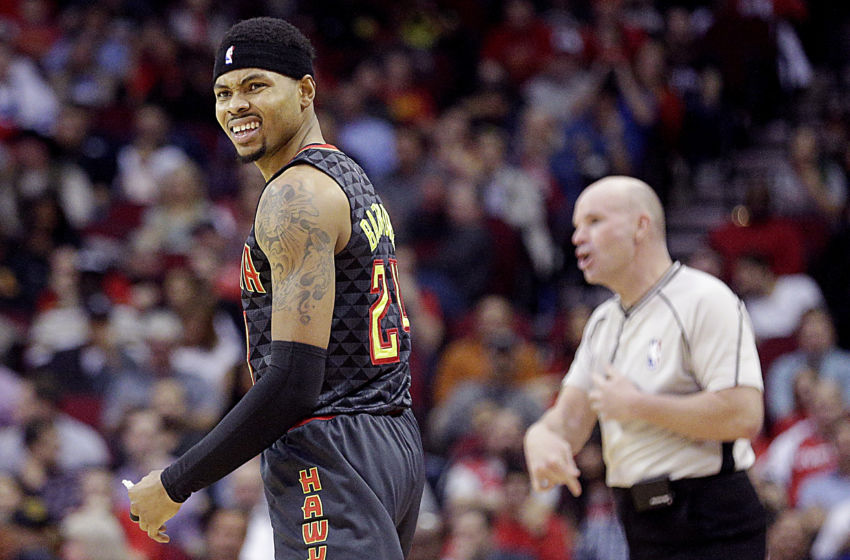 Feb 2, 2017; Houston, TX, USA; Atlanta Hawks forward Kent Bazemore (24) reacts to a call while playing against the Houston Rockets in the first half at Toyota Center. Mandatory Credit: Thomas B. Shea-USA TODAY Sports