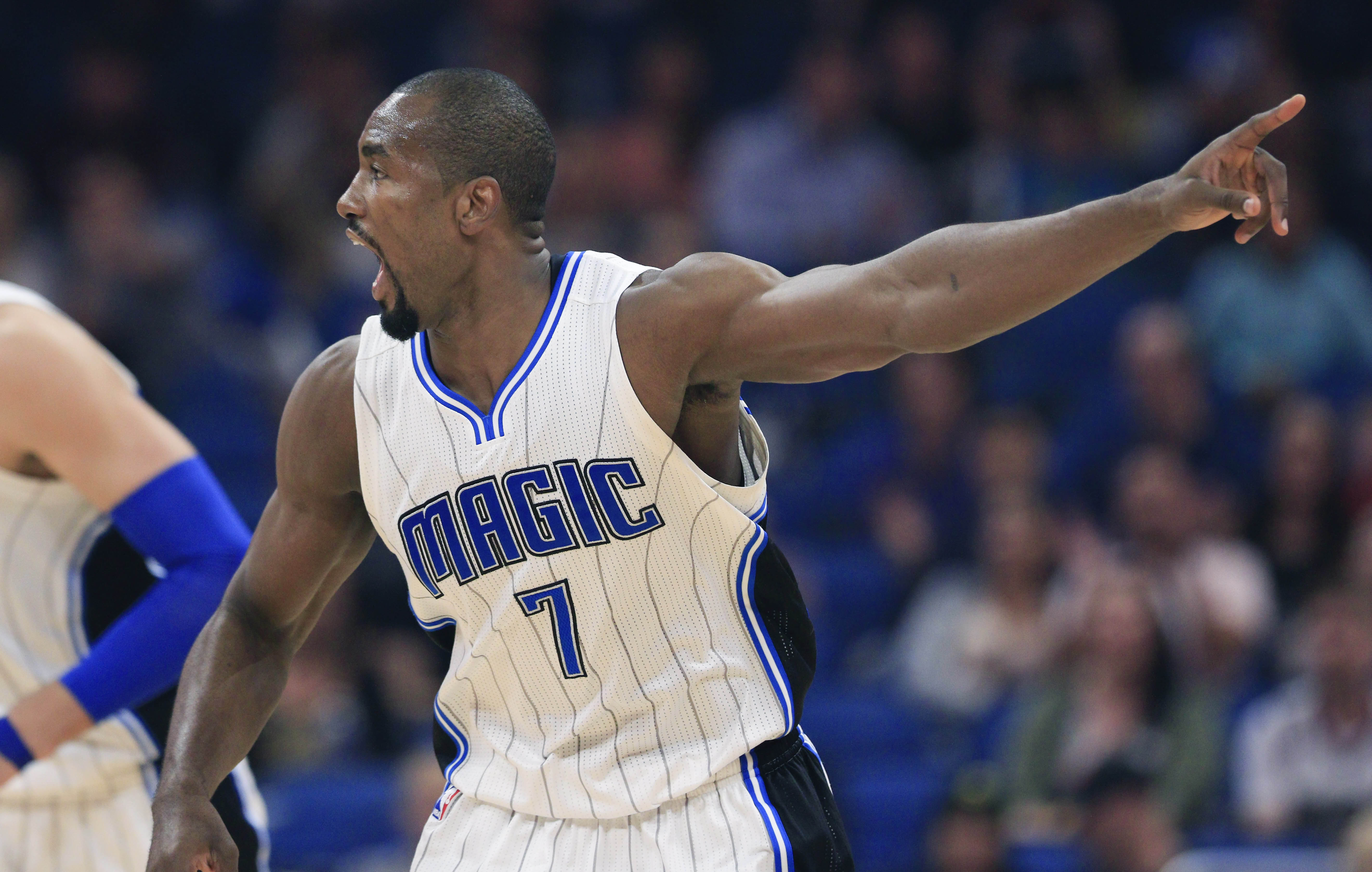 Feb 3, 2017; Orlando, FL, USA; Orlando Magic forward Serge Ibaka (7) reacts after scoring during the first quarter of an NBA basketball game against the Toronto Raptors at Amway Center. Mandatory Credit: Reinhold Matay-USA TODAY Sports
