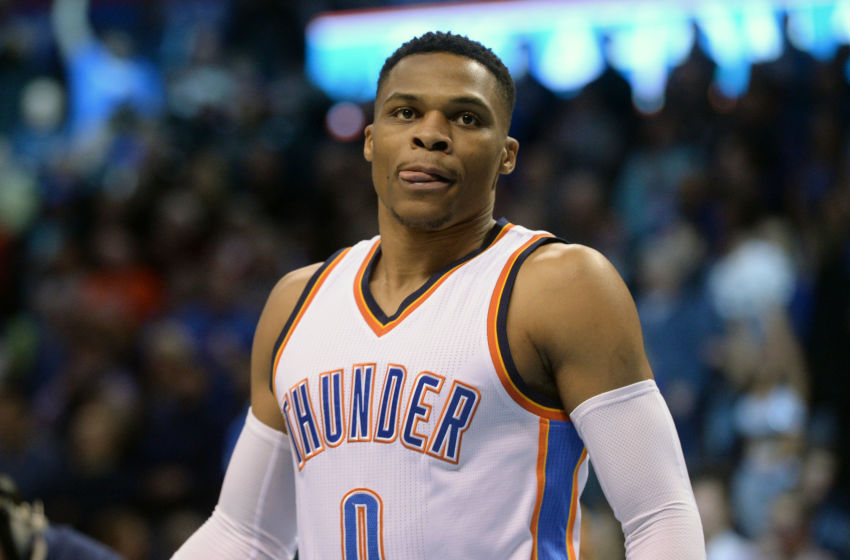 Feb 3, 2017; Oklahoma City, OK, USA; Oklahoma City Thunder guard Russell Westbrook (0) walks onto the court prior to the start of the game against the Memphis Grizzlies at Chesapeake Energy Arena. Mandatory Credit: Mark D. Smith-USA TODAY Sports