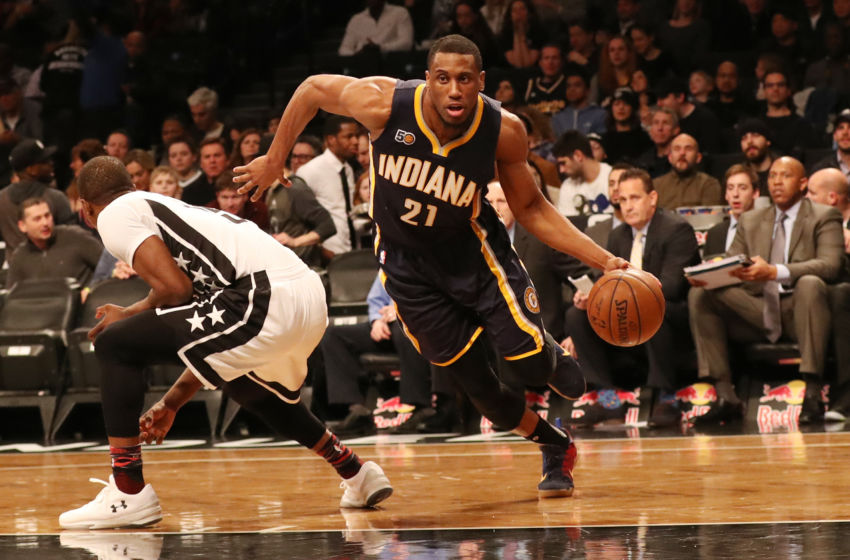 Feb 3, 2017; Brooklyn, NY, USA; Indiana Pacers forward Thaddeus Young (21) dribbles the ball during the first quarter against the Brooklyn Nets at Barclays Center. Mandatory Credit: Anthony Gruppuso-USA TODAY Sports