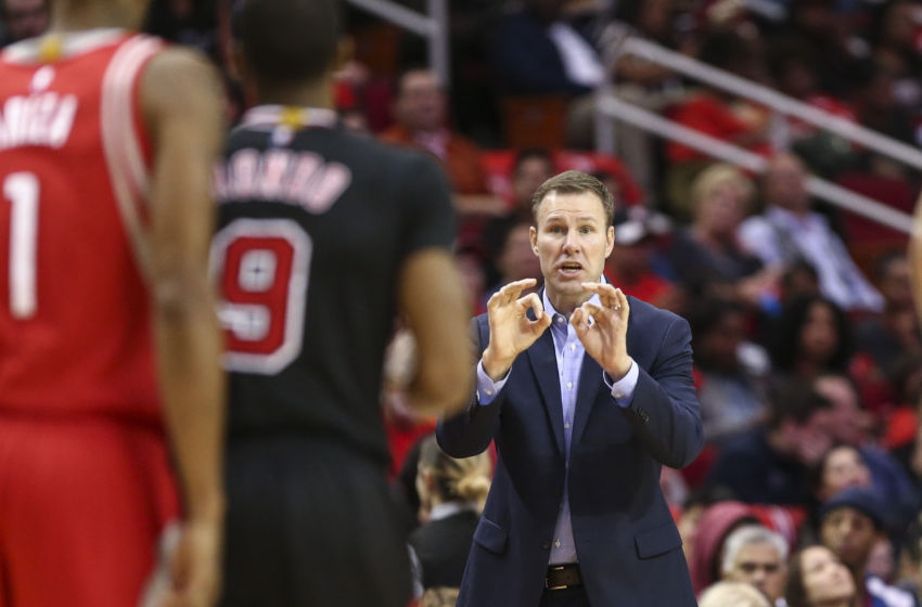 Feb 3, 2017; Houston, TX, USA; Chicago Bulls head coach Fred Hoiberg reacts from the sideline during the third quarter against the Houston Rockets at Toyota Center. Mandatory Credit: Troy Taormina-USA TODAY Sports