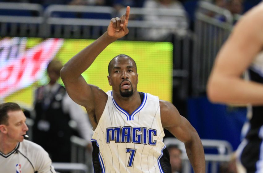 Feb 3, 2017; Orlando, FL, USA; Orlando Magic forward Serge Ibaka (7) celebrates after scoring during the first quarter of an NBA basketball game against the Toronto Raptors at Amway Center. Mandatory Credit: Reinhold Matay-USA TODAY Sports