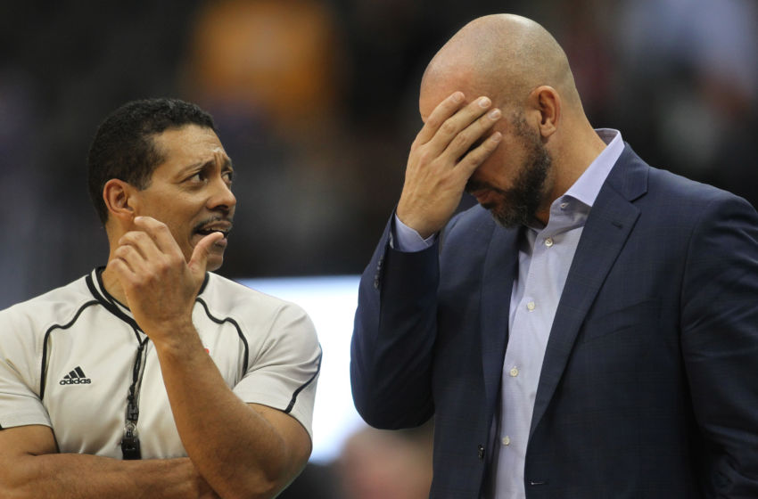 Feb 3, 2017; Denver, CO, USA; Denver Nuggets head coach Michael Malone talks with referee Bill Kennedy (55) during the second half at Pepsi Center. The Nuggets won 121-117. Mandatory Credit: Chris Humphreys-USA TODAY Sports