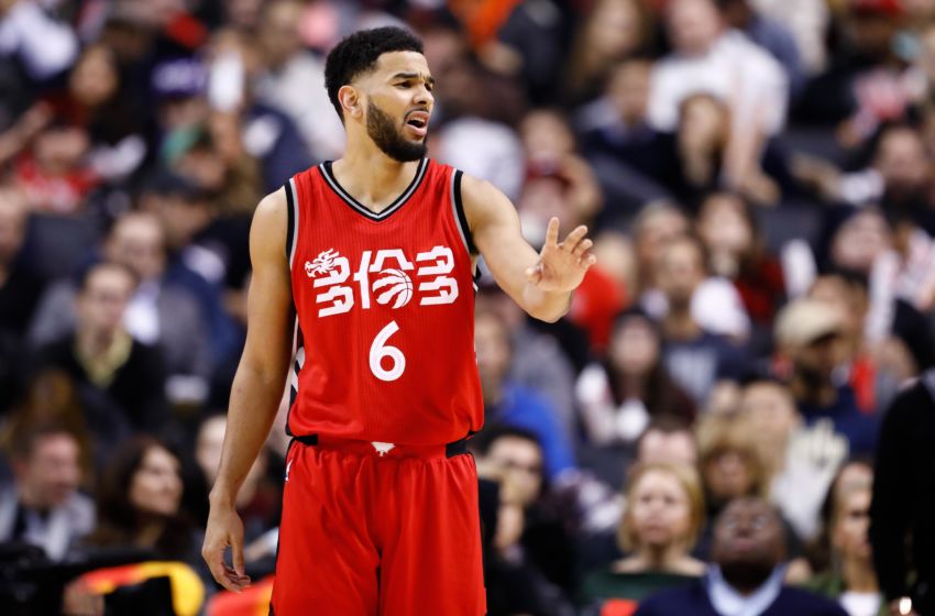 Jan 31, 2017; Toronto, Ontario, CAN; Toronto Raptors guard Cory Joseph (6) reacts in the second half against the New Orleans Pelicans at Air Canada Centre. Mandatory Credit: Kevin Sousa-USA TODAY Sports