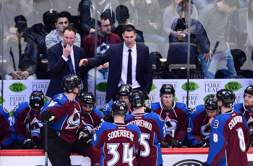 Feb 4, 2017; Denver, CO, USA; Colorado Avalanche Jared Bednar during a timeout called in the second period against the Winnipeg Jets at the Pepsi Center. Mandatory Credit: Ron Chenoy-USA TODAY Sports