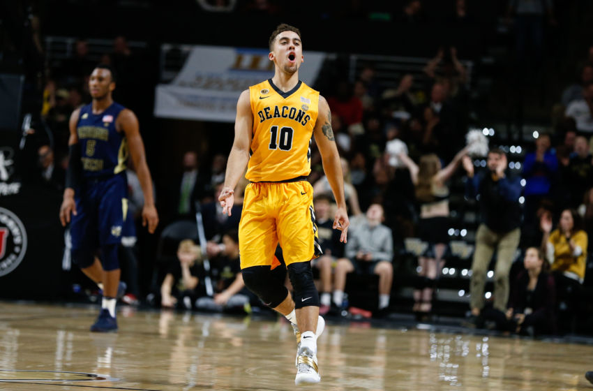 Feb 4, 2017; Winston-Salem, NC, USA; Wake Forest Demon Deacons guard Mitchell Wilbekin (10) reacts after hitting a three-point basket in the second half against the Georgia Tech Yellow Jackets at Lawrence Joel Veterans Memorial Coliseum. Wake defeated Georgia Tech 81-69. Mandatory Credit: Jeremy Brevard-USA TODAY Sports