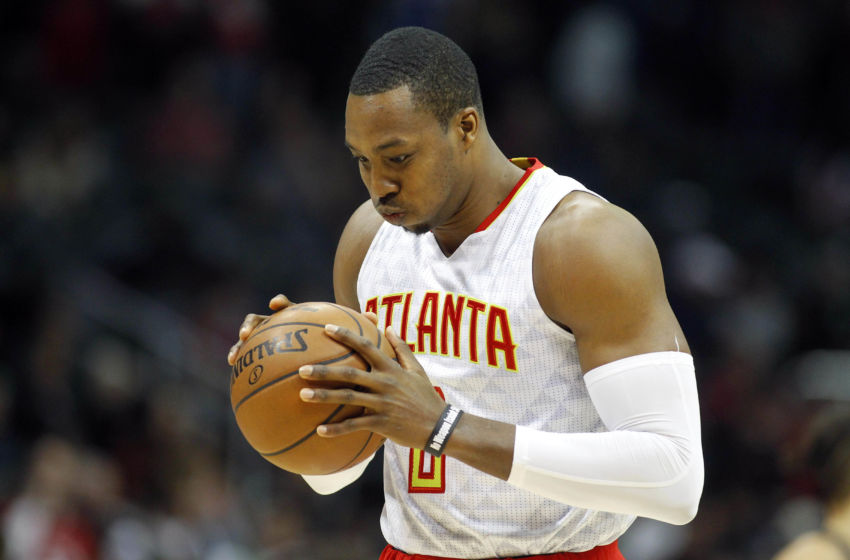 Feb 4, 2017; Atlanta, GA, USA; Atlanta Hawks center Dwight Howard (8) holds the ball before a game against the Orlando Magic at Philips Arena. Mandatory Credit: Brett Davis-USA TODAY Sports