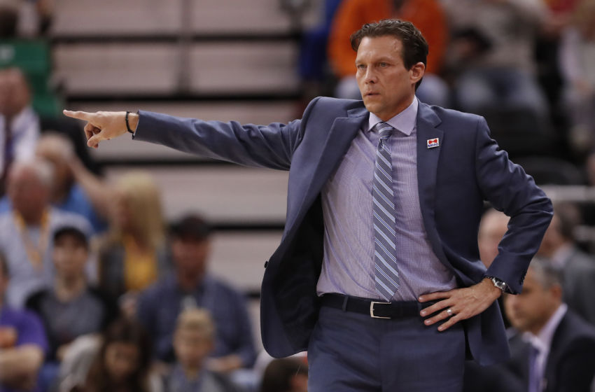 Feb 4, 2017; Salt Lake City, UT, USA; Utah Jazz head coach Quin Snyder directs his team in the first quarter against the Charlotte Hornets at Vivint Smart Home Arena. Mandatory Credit: Jeff Swinger-USA TODAY Sports