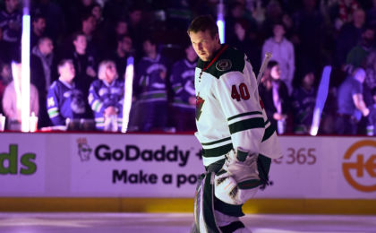 Feb 4, 2017; Vancouver, British Columbia, CAN; Minnesota Wild goaltender Devan Dubnyk (40) awaits the start of play against the Vancouver Canucks before the start the first period at Rogers Arena. Mandatory Credit: Anne-Marie Sorvin-USA TODAY Sports