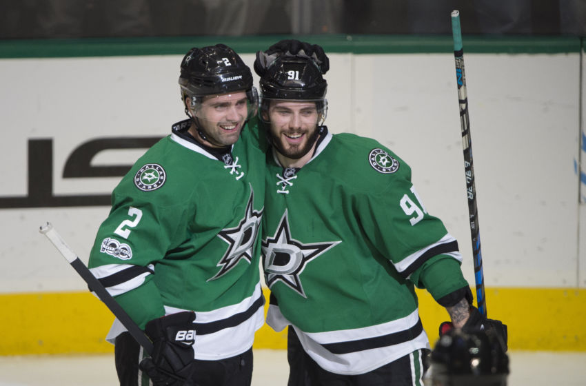 Vegas Golden Knights: Dallas Stars defenseman Dan Hamhuis (2) and center Tyler Seguin (91) celebrates a goal against the Chicago Blackhawks during the third period at the American Airlines Center. The Blackhawks defeat the Stars 5-3. Mandatory Credit: Jerome Miron-USA TODAY Sports