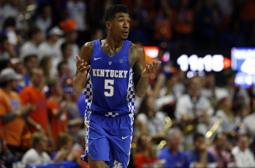 Feb 4, 2017; Gainesville, FL, USA; Kentucky Wildcats guard Malik Monk (5) reacts after he made a foul against the Florida Gators during the second half at Exactech Arena at the Stephen C. O'Connell Center. Florida Gators defeated the Kentucky Wildcats 88-66. Mandatory Credit: Kim Klement-USA TODAY Sports