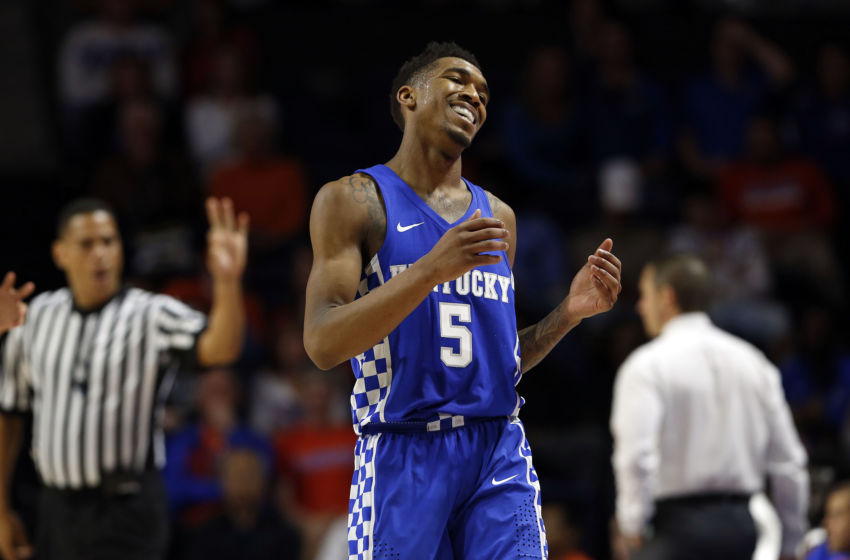 Feb 4, 2017; Gainesville, FL, USA;Kentucky Wildcats guard Malik Monk (5) reacts against the Florida Gators during the second half at Exactech Arena at the Stephen C. O'Connell Center. Florida Gators defeated the Kentucky Wildcats 88-66. Mandatory Credit: Kim Klement-USA TODAY Sports