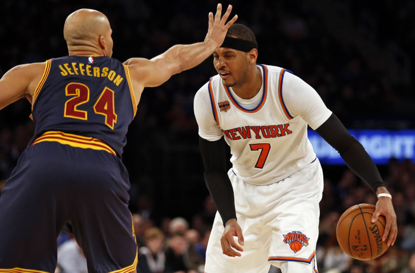 Feb 4, 2017; New York, NY, USA; Cleveland Cavaliers forward Richard Jefferson (24) defends New York Knicks forward Carmelo Anthony (7) during the second half at Madison Square Garden. Mandatory Credit: Adam Hunger-USA TODAY Sports