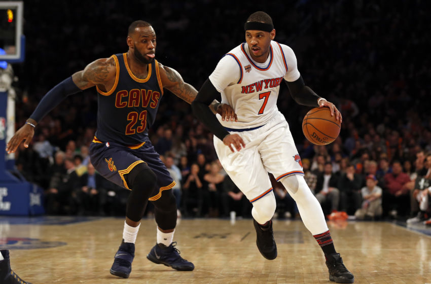 Feb 4, 2017; New York, NY, USA; New York Knicks forward Carmelo Anthony (7) drives to the basket past Cleveland Cavaliers forward LeBron James (23) during the second half at Madison Square Garden. Mandatory Credit: Adam Hunger-USA TODAY Sports