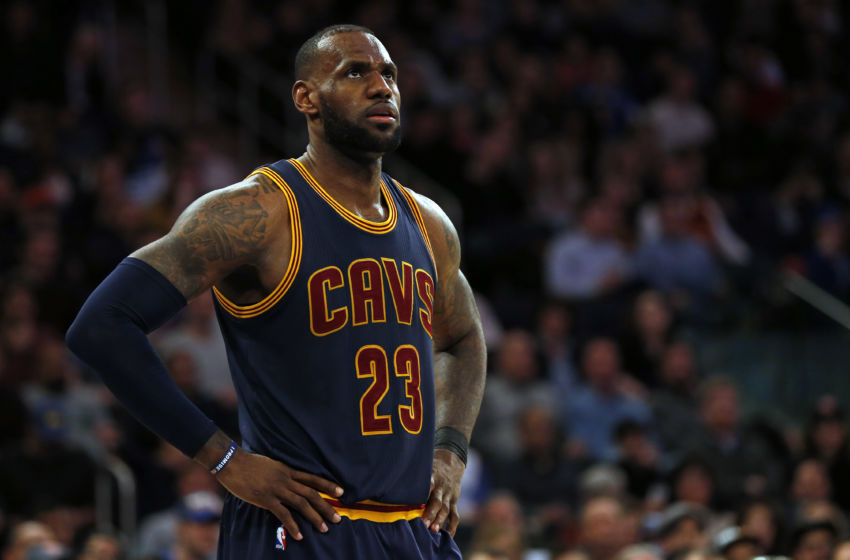 Feb 4, 2017; New York, NY, USA; Cleveland Cavaliers forward LeBron James (23) looks on during the second half against the New York Knicks at Madison Square Garden. Mandatory Credit: Adam Hunger-USA TODAY Sports