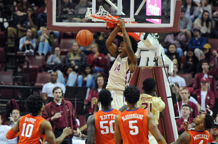 Feb 5, 2017; Tallahassee, FL, USA; Florida State Seminoles guard Terance Mann (14) dunks the ball during the first half against the Clemson Tigers at the Donald L. Tucker Center. Mandatory Credit: Melina Vastola-USA TODAY Sports