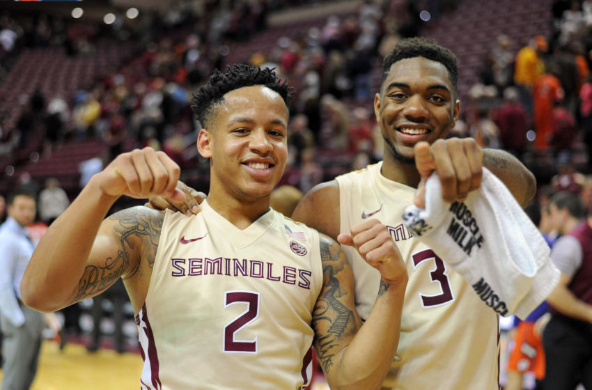 Feb 5, 2017; Tallahassee, FL, USA; Florida State Seminoles guards CJ Walker (2) and Trent Forrest (3) celebrate after the win against the Clemson Tigers at the Donald L. Tucker Center. Mandatory Credit: Melina Vastola-USA TODAY Sports