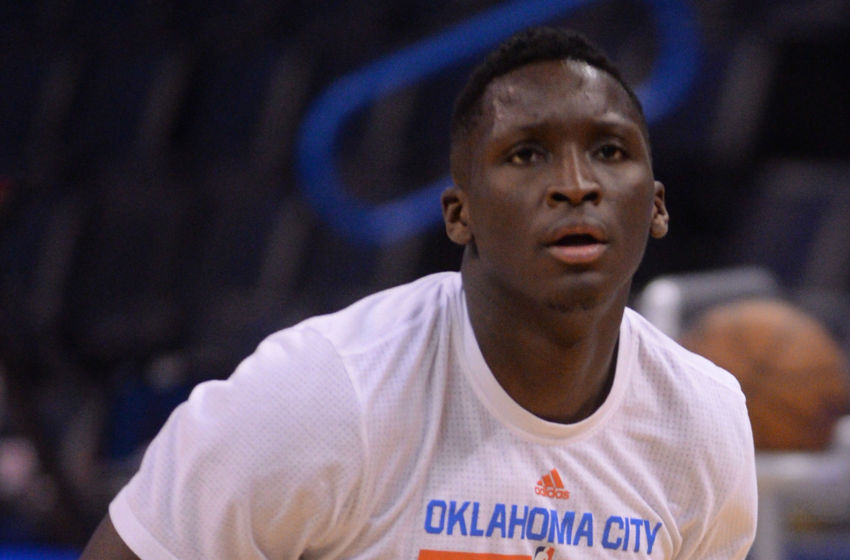 Feb 5, 2017; Oklahoma City, OK, USA; Oklahoma City Thunder guard Victor Oladipo (5) warms up prior to action against the Portland Trail Blazers at Chesapeake Energy Arena. Mandatory Credit: Mark D. Smith-USA TODAY Sports