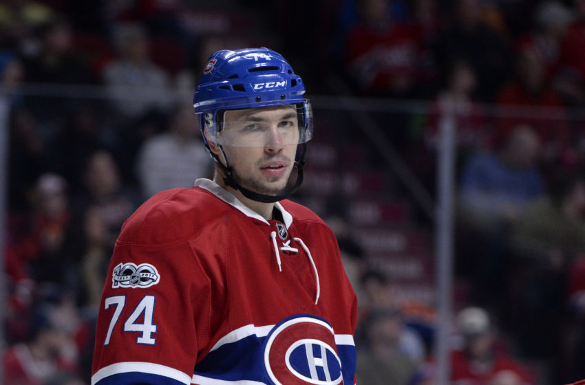 Feb 5, 2017; Montreal, Quebec, CAN; Montreal Canadiens defenseman Alexei Emelin (74) prepares for a faceoff against the Edmonton Oilers during the third period at the Bell Centre. Mandatory Credit: Eric Bolte-USA TODAY Sports