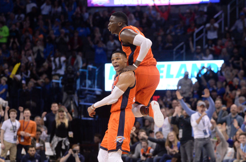 Feb 5, 2017; Oklahoma City, OK, USA; Oklahoma City Thunder guard Russell Westbrook (0) and Oklahoma City Thunder guard Victor Oladipo (5) react after a play against the Portland Trail Blazers during the fourth quarter at Chesapeake Energy Arena. Mandatory Credit: Mark D. Smith-USA TODAY Sports