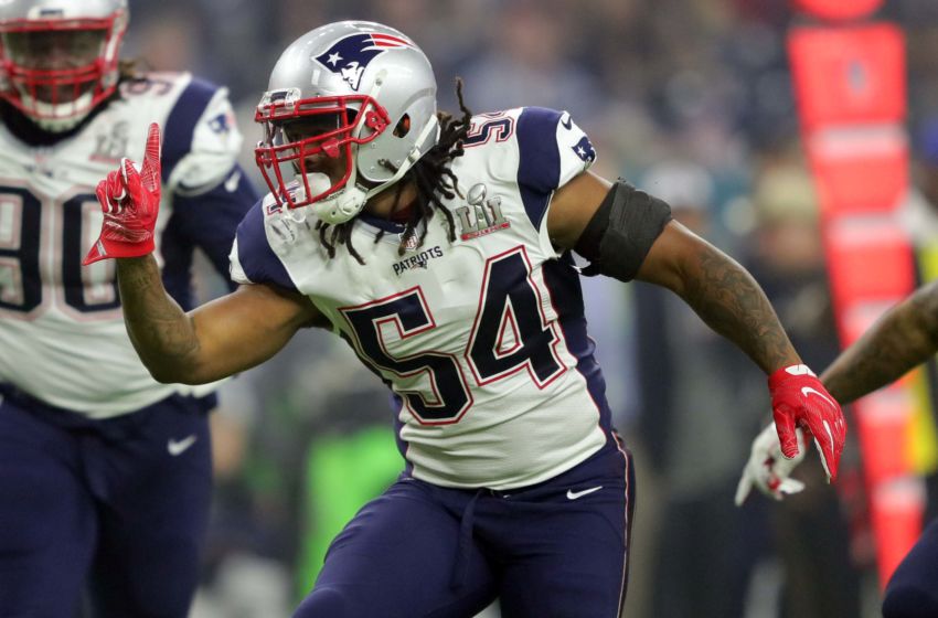 Feb 5, 2017; Houston, TX, USA; New England Patriots middle linebacker Dont'a Hightower (54) reacts after a tackle in the third quarter during Super Bowl LI against the Atlanta Falcons at NRG Stadium. Mandatory Credit: Dan Powers-USA TODAY Sports