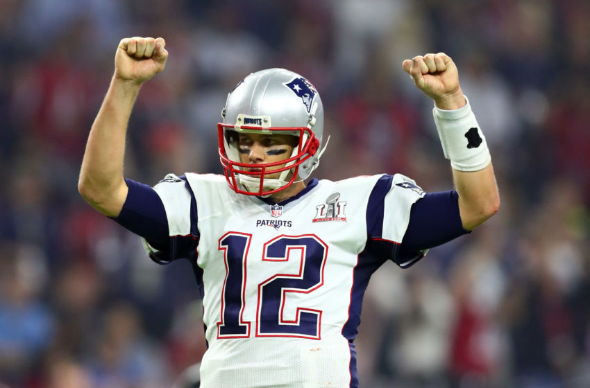Feb 5, 2017; Houston, TX, USA; New England Patriots quarterback Tom Brady (12) celebrates a two-point conversion against the Atlanta Falcons in the fourth quarter during Super Bowl LI at NRG Stadium. Mandatory Credit: Mark J. Rebilas-USA TODAY Sports