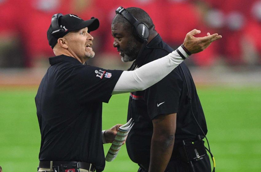 Feb 5, 2017; Houston, TX, USA; Atlanta Falcons head coach Dan Quinn reacts during the fourth quarter against the New England Patriots during Super Bowl LI at NRG Stadium. Mandatory Credit: Bob Donnan-USA TODAY Sports