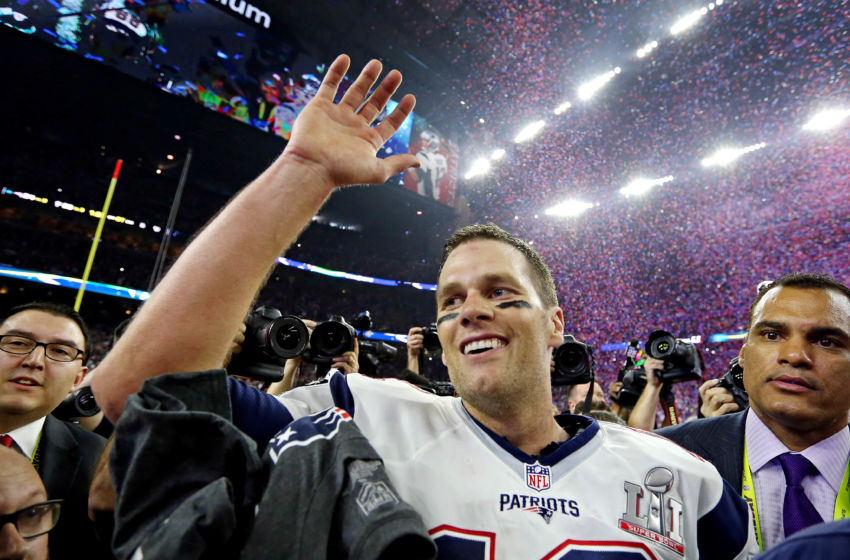Feb 5, 2017; Houston, TX, USA; New England Patriots quarterback Tom Brady (12) celebrates after beating the Atlanta Falcons during Super Bowl LI at NRG Stadium. Mandatory Credit: Matthew Emmons-USA TODAY Sports