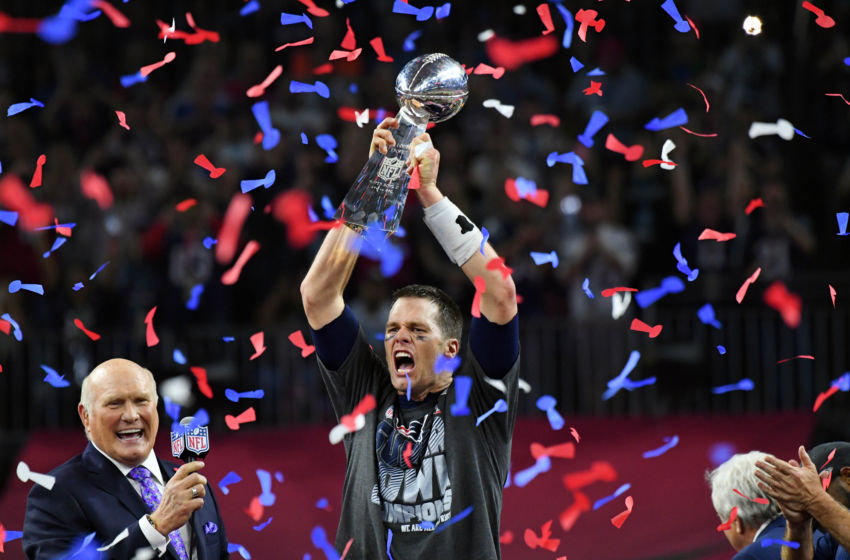 Feb 5, 2017; Houston, TX, USA; New England Patriots quarterback Tom Brady celebrates with the Vince Lombardi Trophy after defeating the Atlanta Falcons 34-38 in Super Bowl LI at NRG Stadium. Mandatory Credit: Robert Deutsch-USA TODAY Sports