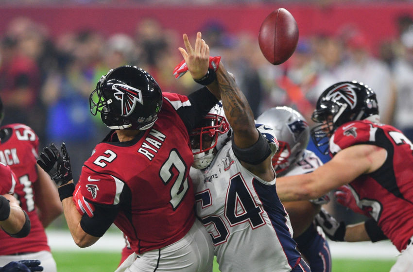 Feb 5, 2017; Houston, TX, USA; New England Patriots middle linebacker Dont'a Hightower (54) knocks a pass out of the hands of Atlanta Falcons quarterback Matt Ryan (2) during the fourth quarter during Super Bowl LI at NRG Stadium. Mandatory Credit: Bob Donnan-USA TODAY Sports