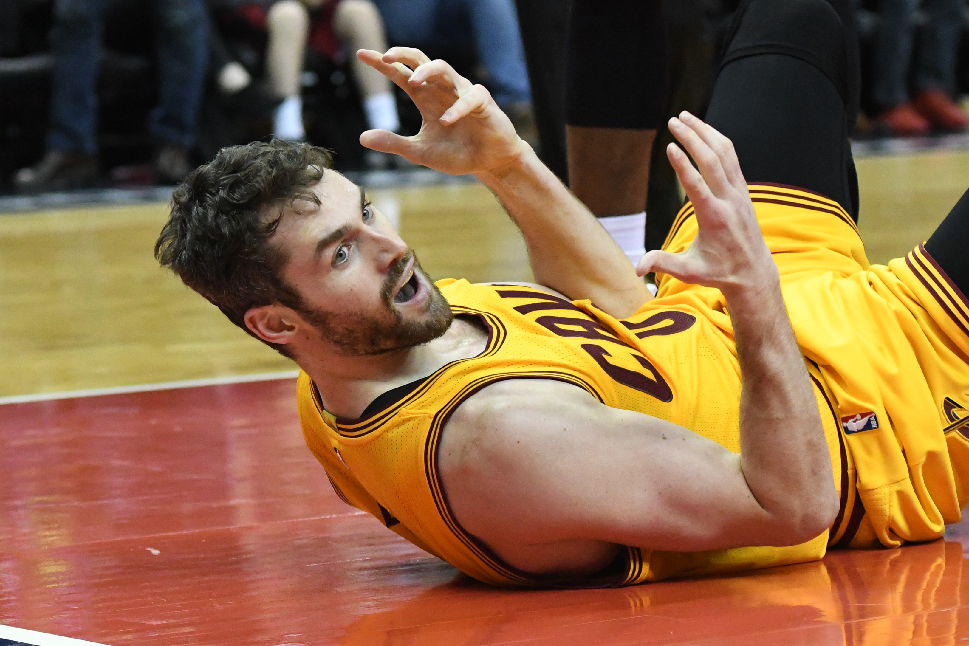 Feb 6, 2017; Washington, DC, USA; Cleveland Cavaliers forward Kevin Love (0) reacts after being called for a foul during the overtime against the Washington Wizards at Verizon Center. Cleveland Cavaliers defeated Washington Wizards 140-135 in overtime. Mandatory Credit: Tommy Gilligan-USA TODAY Sports