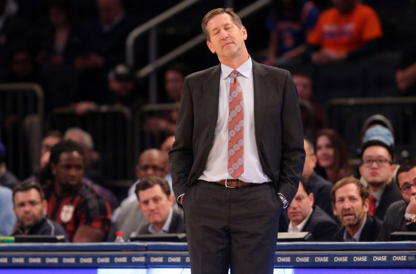 Feb 6, 2017; New York, NY, USA; New York Knicks head coach Jeff Hornacek reacts as he coaches against the Los Angeles Lakers during the fourth quarter at Madison Square Garden. Mandatory Credit: Brad Penner-USA TODAY Sports
