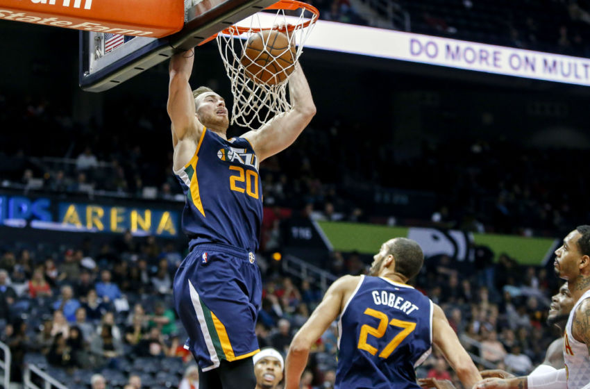 Feb 6, 2017; Atlanta, GA, USA; Utah Jazz forward Gordon Hayward (20) dunks against the Atlanta Hawks in the fourth quarter at Philips Arena. The Hawks won 120-95. Mandatory Credit: Brett Davis-USA TODAY Sports
