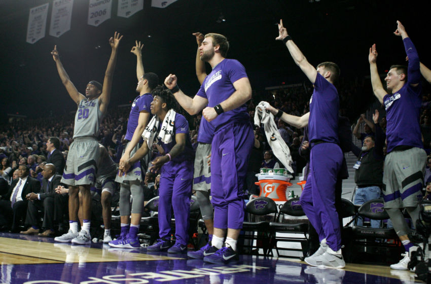 Feb 6, 2017; Manhattan, KS, USA; Kansas State Wildcats players on the bench celebrate a three-point basket during a game against the Kansas Jayhawks at Fred Bramlage Coliseum. The Jayhawks won the game, 74-71. Mandatory Credit: Scott Sewell-USA TODAY Sports