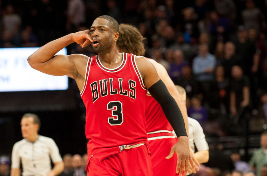 Feb 6, 2017; Sacramento, CA, USA; Chicago Bulls guard Dwyane Wade (3) gestures toward his team mates after defeating the Sacramento Kings 112-107 at Golden 1 Center. Mandatory Credit: Ed Szczepanski-USA TODAY Sports