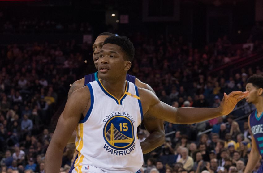February 1, 2017; Oakland, CA, USA; Golden State Warriors center Damian Jones (15) during the fourth quarter against the Charlotte Hornets at Oracle Arena. The Warriors defeated the Hornets 126-111. Mandatory Credit: Kyle Terada-USA TODAY Sports