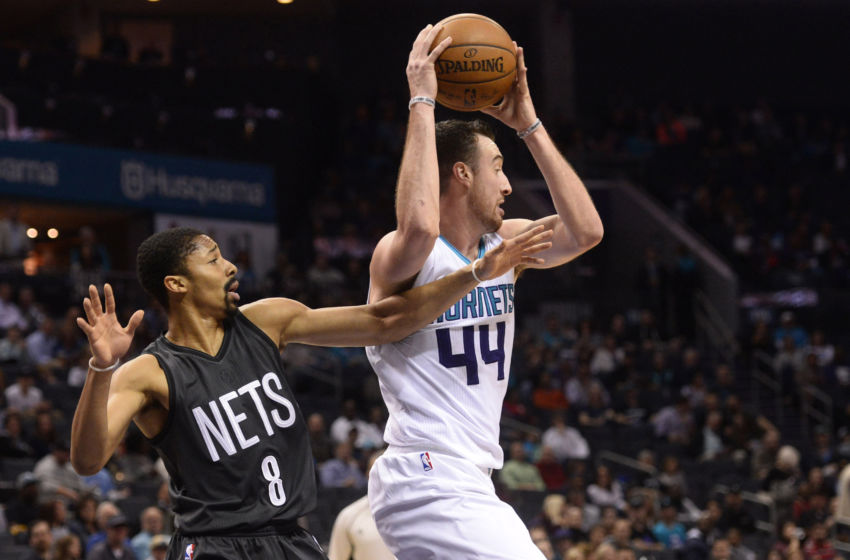 Feb 7, 2017; Charlotte, NC, USA; Charlotte Hornets forward center Frank Kaminsky (44) looks to pass the ball as Brooklyn Nets guard Spencer Dinwiddie (8) defends during the first half of the game at the Spectrum Center. Mandatory Credit: Sam Sharpe-USA TODAY Sports
