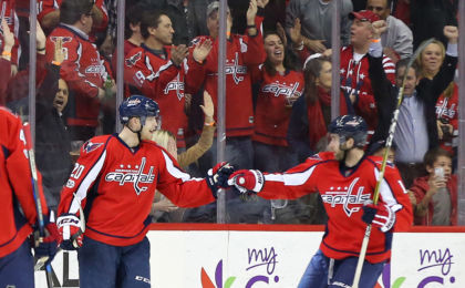 Feb 7, 2017; Washington, DC, USA; Washington Capitals center Lars Eller (20) celebrates with Washington Capitals right wing Brett Connolly (10) after scoring a goal against th eCarolina Hurricanes in the third period at Verizon Center. Mandatory Credit: Geoff Burke-USA TODAY Sports
