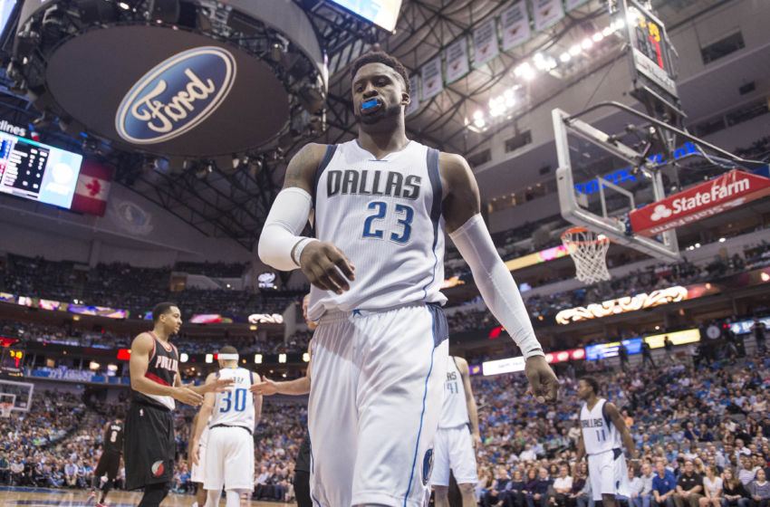 Feb 7, 2017; Dallas, TX, USA; Dallas Mavericks guard Wesley Matthews (23) walks off the court after being called for a foul during the second half against the Portland Trail Blazers at the American Airlines Center. The Trail Blazers defeat the Mavericks 114-113. Mandatory Credit: Jerome Miron-USA TODAY Sports