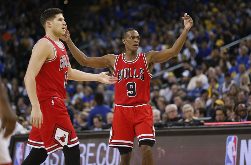 Feb 8, 2017; Oakland, CA, USA; Chicago Bulls guard Rajon Rondo (9) talks to teammates during a break in the action against the Golden State Warriors in the third quarter at Oracle Arena. The Warriors defeated the Bulls 123-92. Mandatory Credit: Cary Edmondson-USA TODAY Sports
