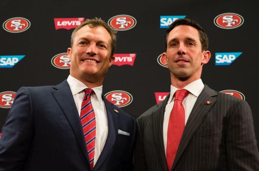Feb 9, 2017; Santa Clara, CA, USA; San Francisco 49ers general manager John Lynch and head coach Kyle Shanahan pose for a photo during a press conference at Levi's Stadium. Mandatory Credit: Kelley L Cox-USA TODAY Sports