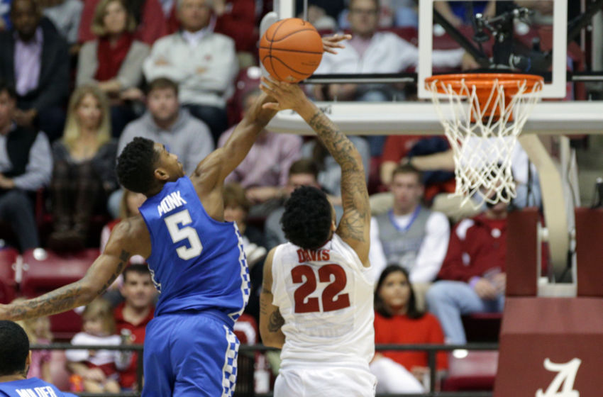 Feb 11, 2017; Tuscaloosa, AL, USA; Alabama Crimson Tide guard Ar'Mond Davis (22) has his shot blocked by Kentucky Wildcats guard Malik Monk (5) during the first half at Coleman Coliseum. Mandatory Credit: Marvin Gentry-USA TODAY Sports